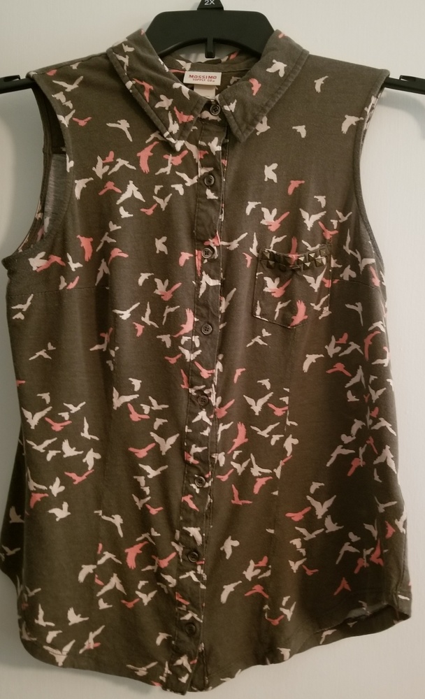 Olive Green Button Down Muscle Tee w Flying Birds